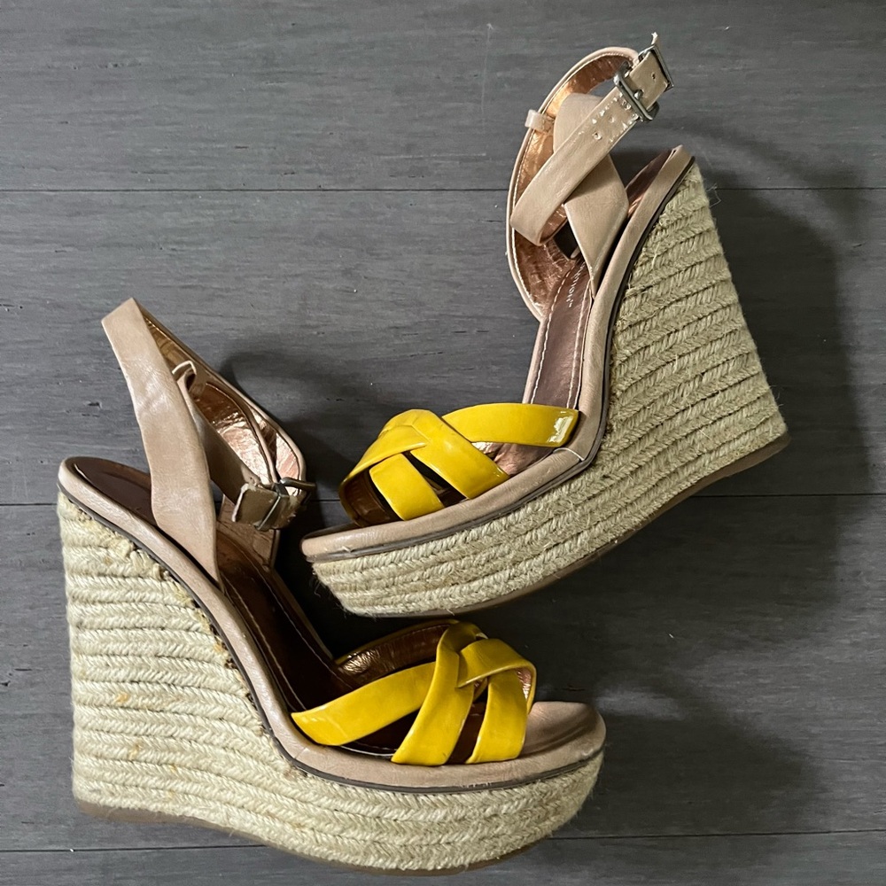 BCBGenration Yellow and Tan Wedge Sandals